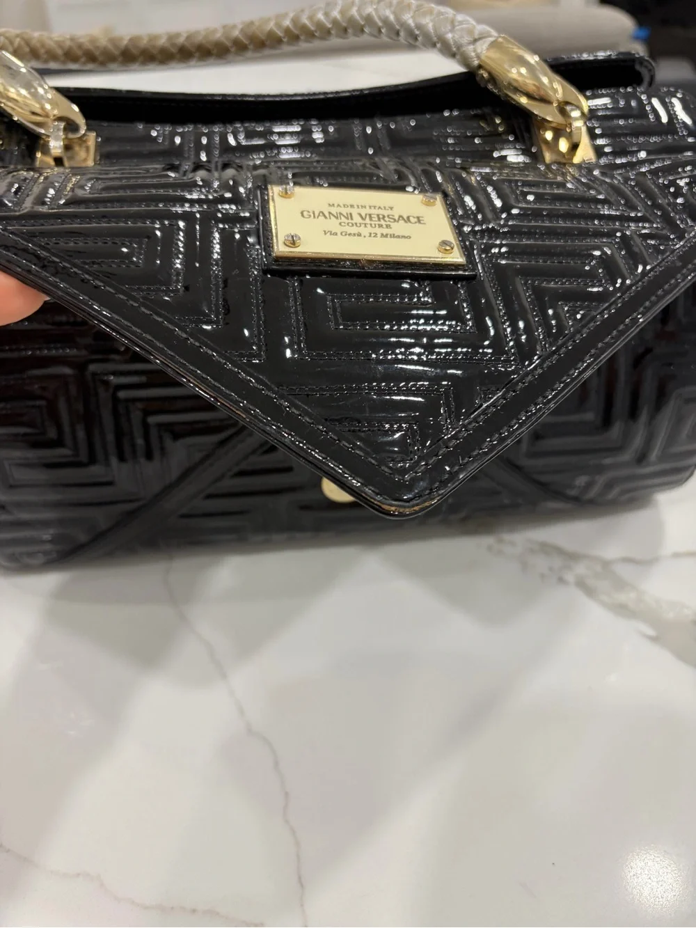 Versace Black Patent Leather Braided-Handle Satchel with Gold Plaque